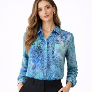 Hilton Hollis Silk Blue Watercolor Top